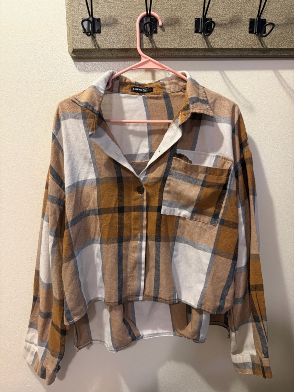SHEIN Mustard White and Gray Plaid Button-Front Shirt